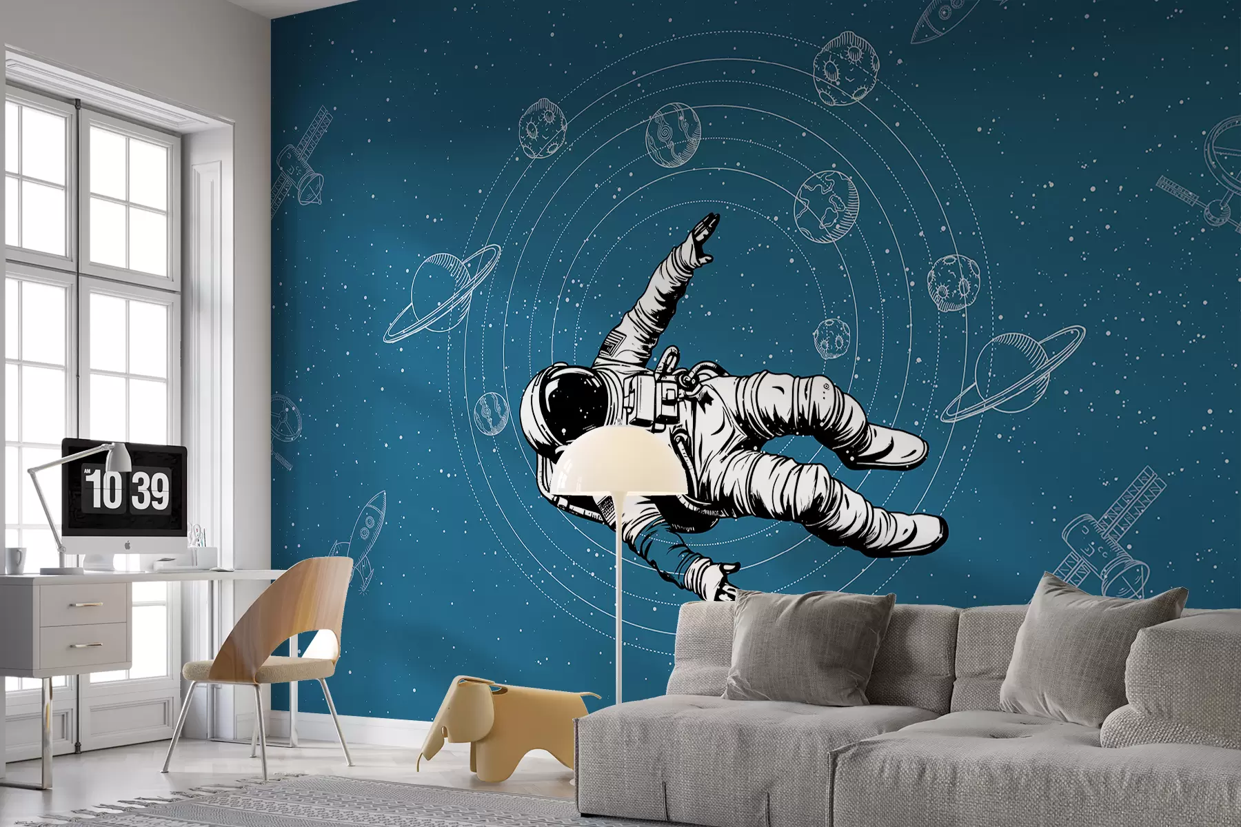 murais de parede Astronauta e planetas em fundo azul w00712v3