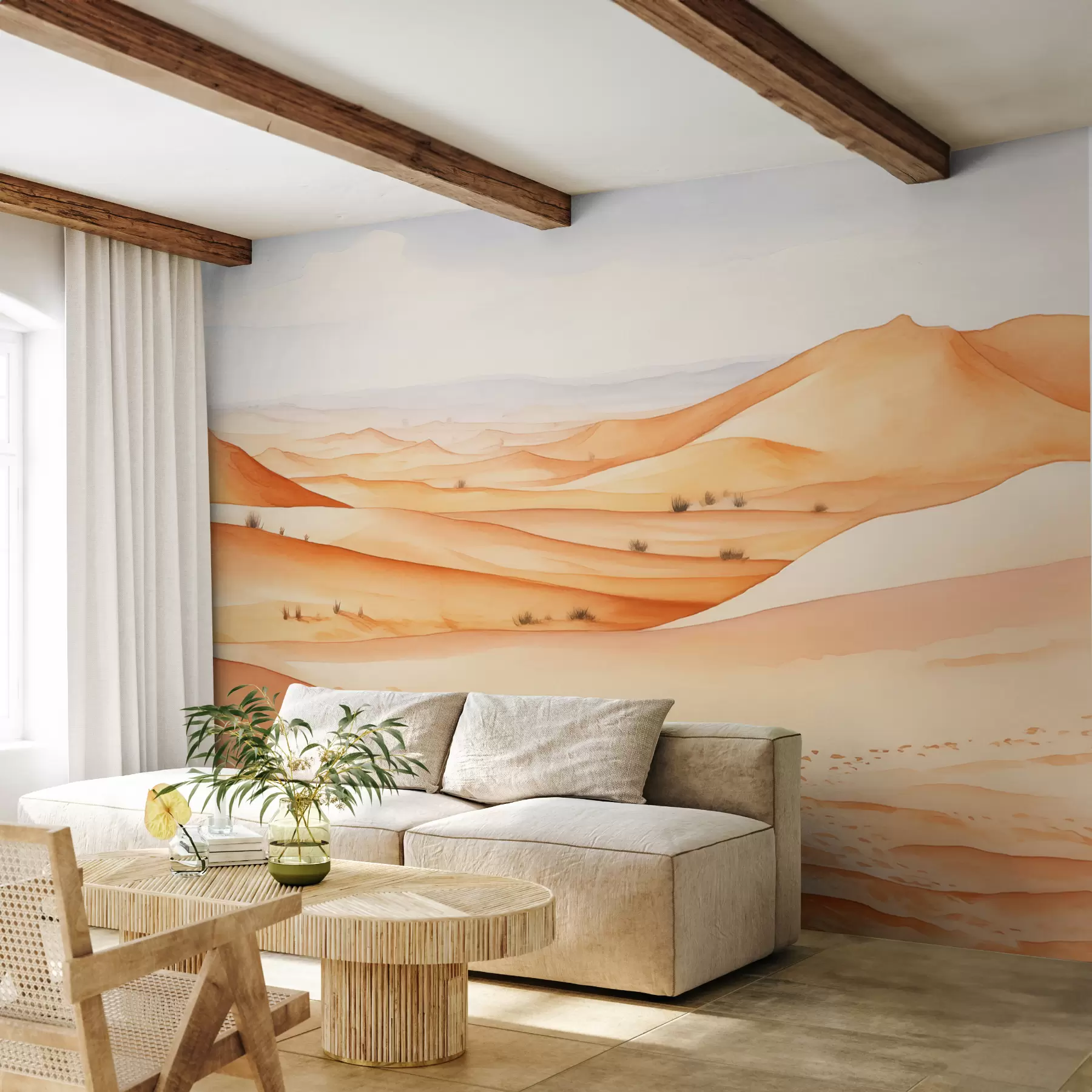 murais de parede Dunas no deserto, paisagem de aquarela de areia, cor azul e laranja w00892