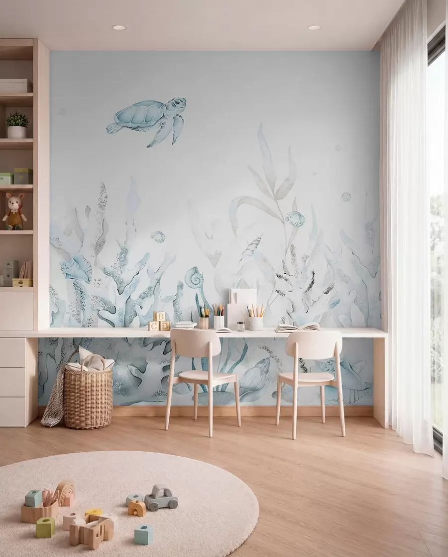 murais de parede Corais marinhos em aquarela, conchas, tartarugas, vida marinha, cores azuis suaves w00849