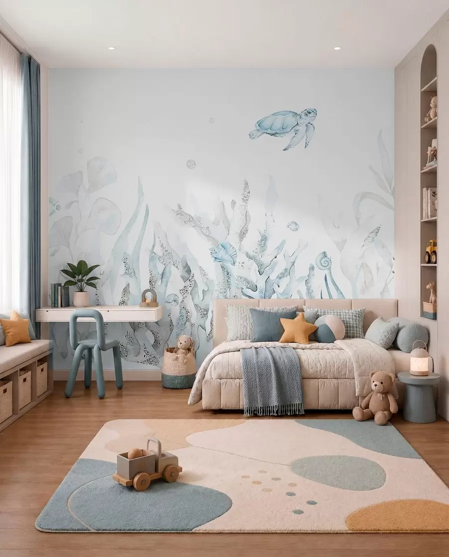 murais de parede Corais marinhos em aquarela, conchas, tartarugas, vida marinha, cores azuis suaves w00849