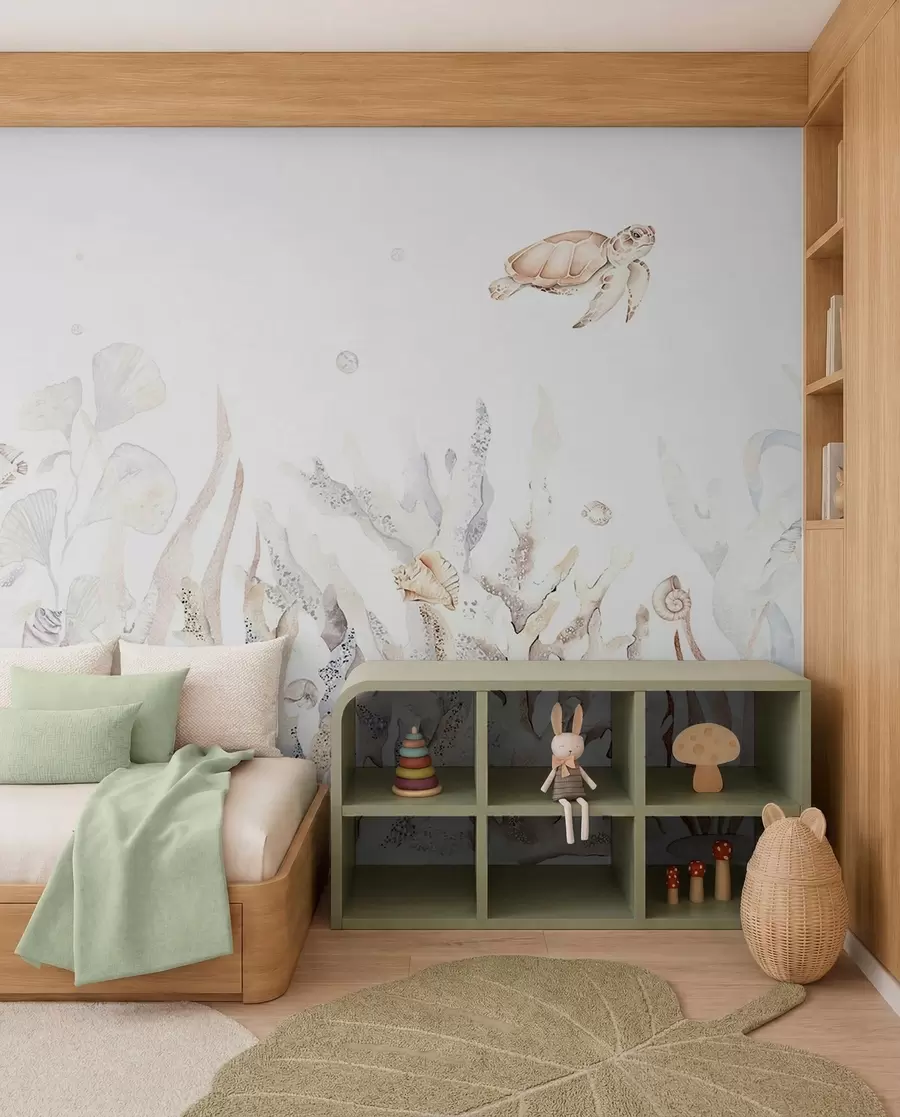 murais de parede Corais marinhos em aquarela, conchas, tartarugas, vida marinha, cores bege suaves w00849v1