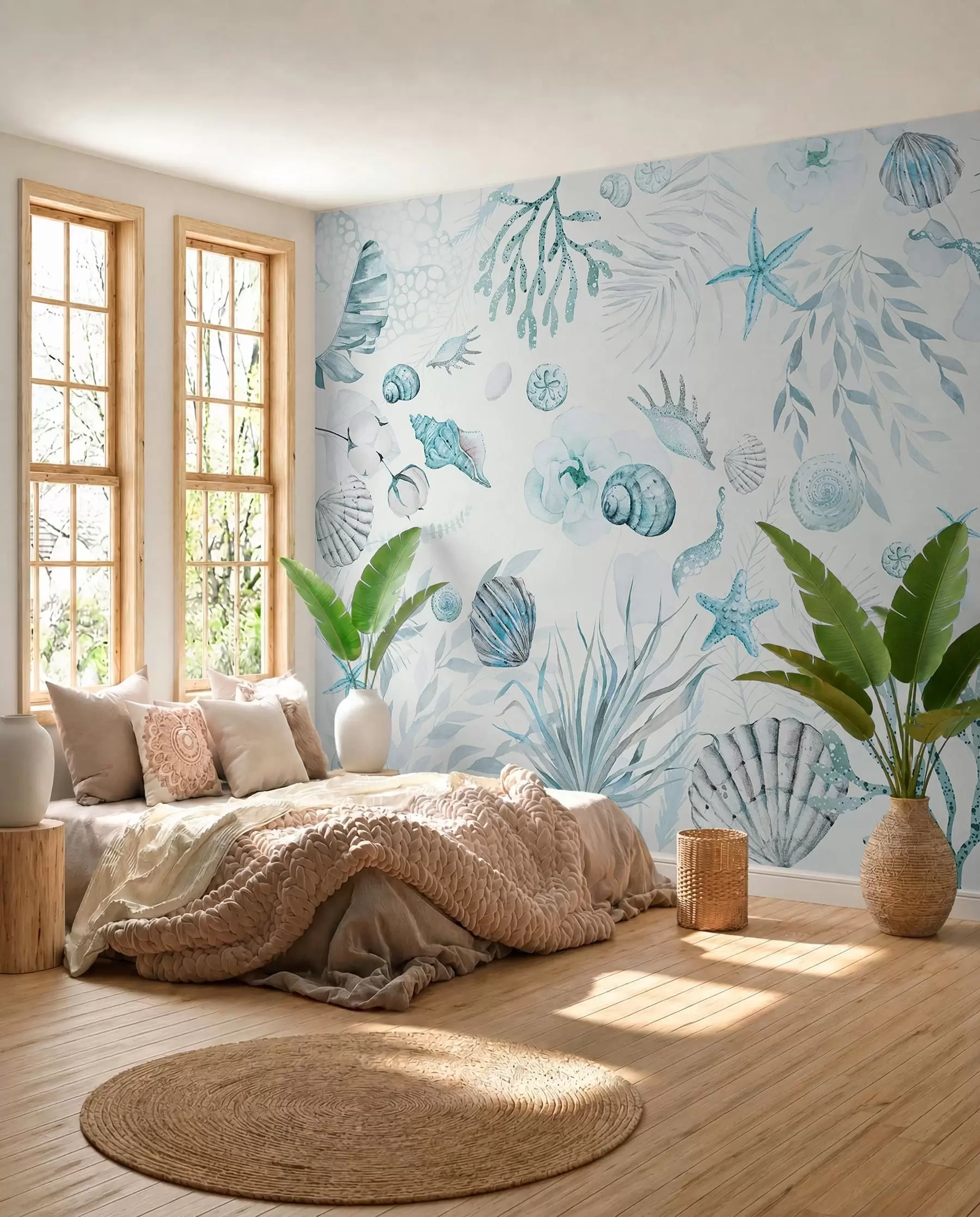 murais de parede Padrão marinho aquarela, estilo boho, conchas, corais, algodão, cores azuis w00851v1