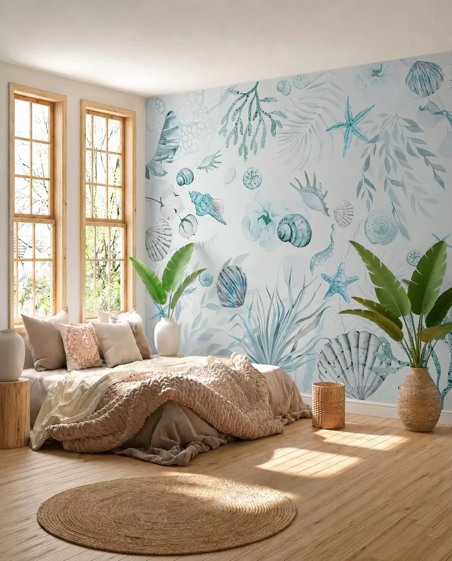 murais de parede Padrão marinho aquarela, estilo boho, conchas, corais, algodão, cores azuis w00851v1