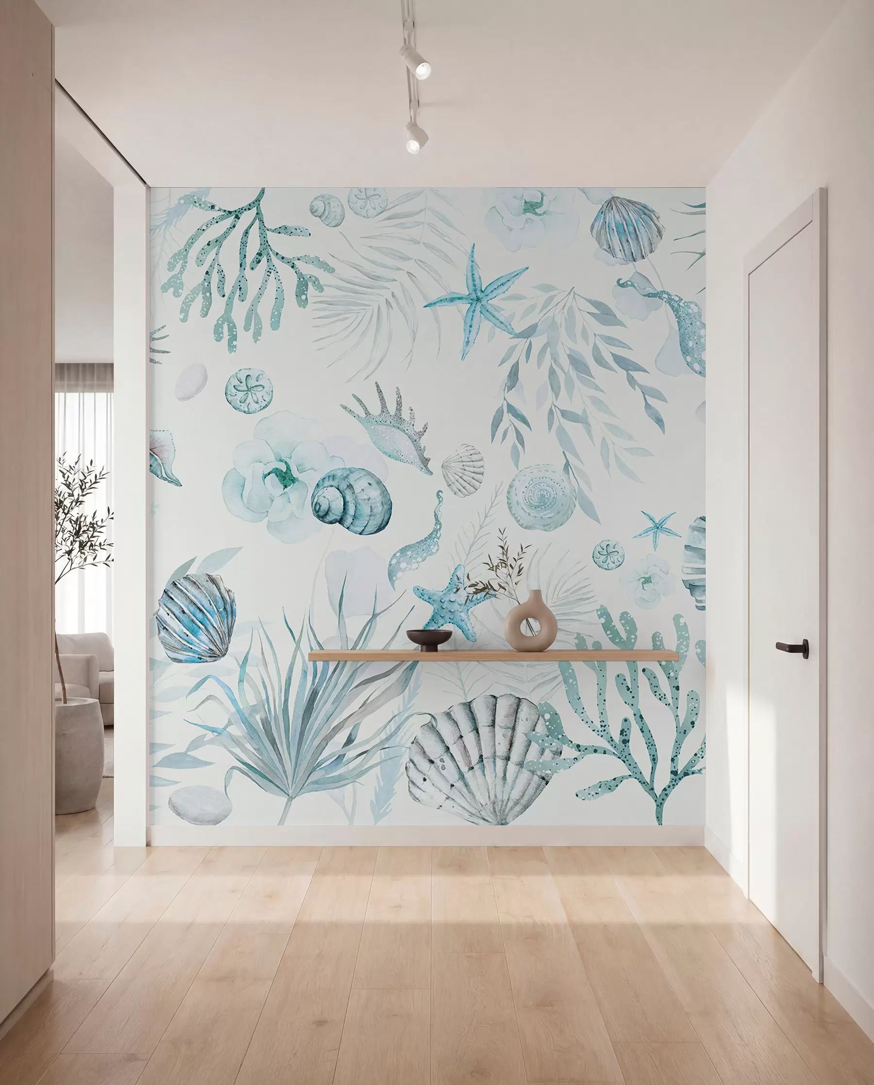 murais de parede Padrão marinho aquarela, estilo boho, conchas, corais, algodão, cores azuis w00851v1