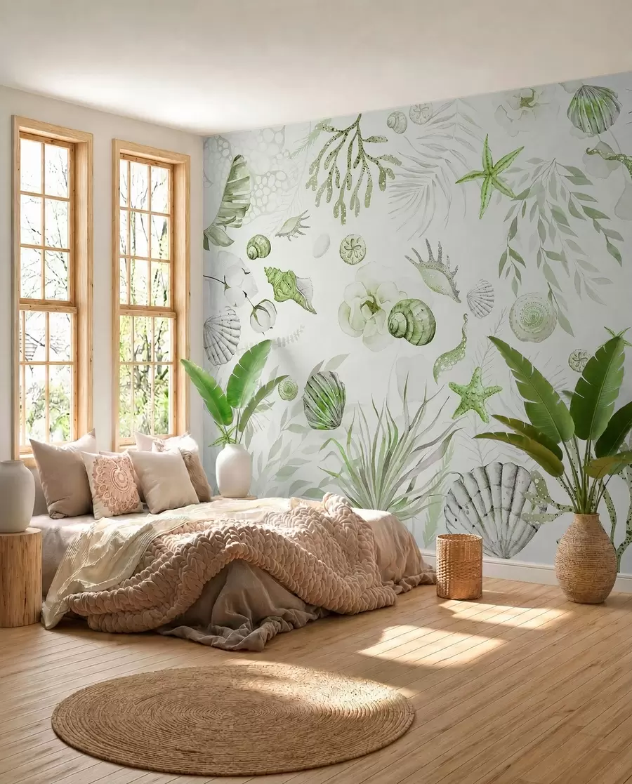 murais de parede Padrão marinho aquarela, estilo boho, conchas, corais, algodão, cores verdes w00851v2