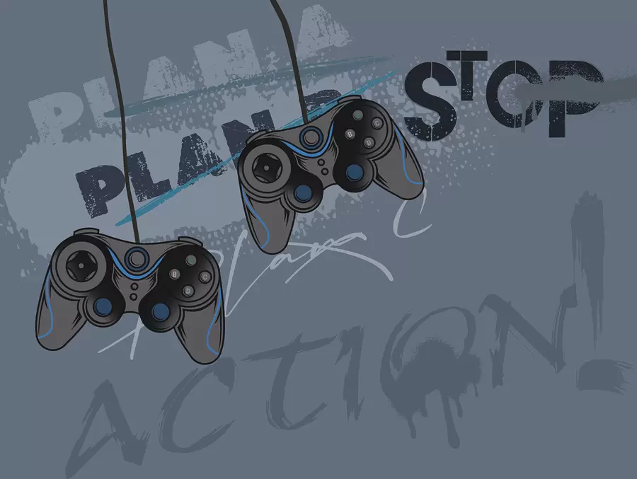 murais de parede Papel de parede infantil para adolescente com joysticks e letras gráficas em azul w00829