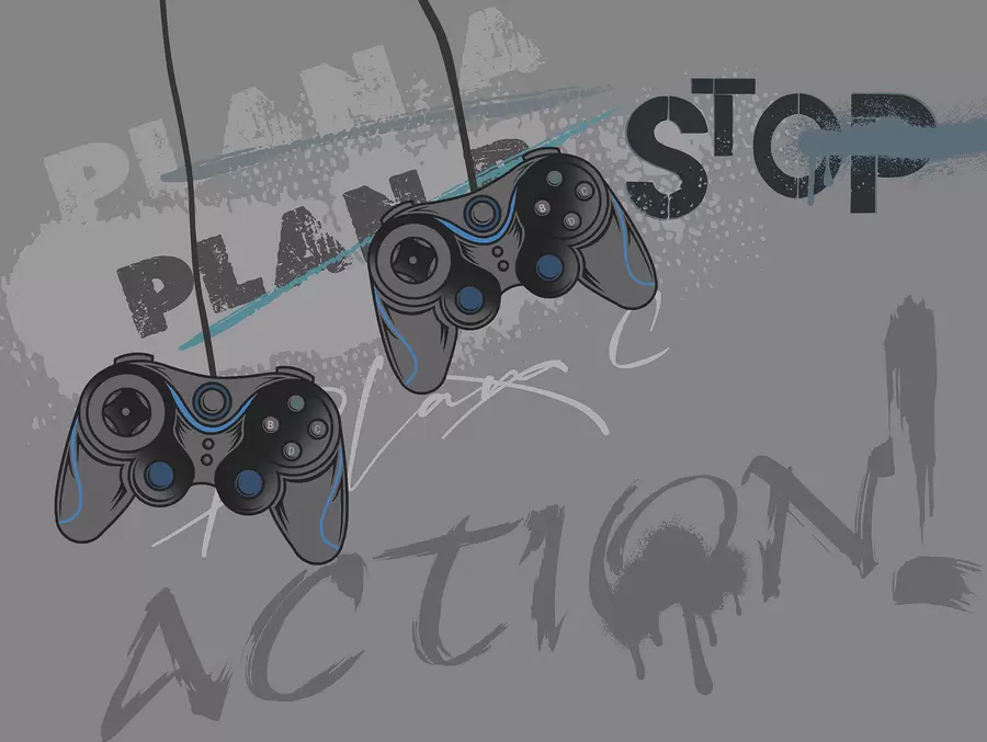 murais de parede Papel de parede infantil para adolescente com joysticks e letras gráficas em cinza w00829v1