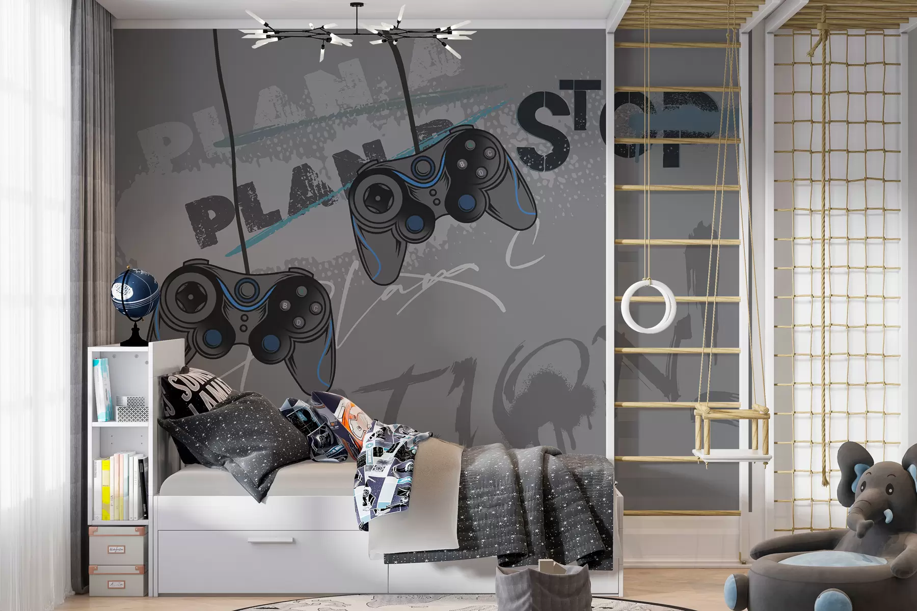 murais de parede Papel de parede infantil para adolescente com joysticks e letras gráficas em cinza w00829v1