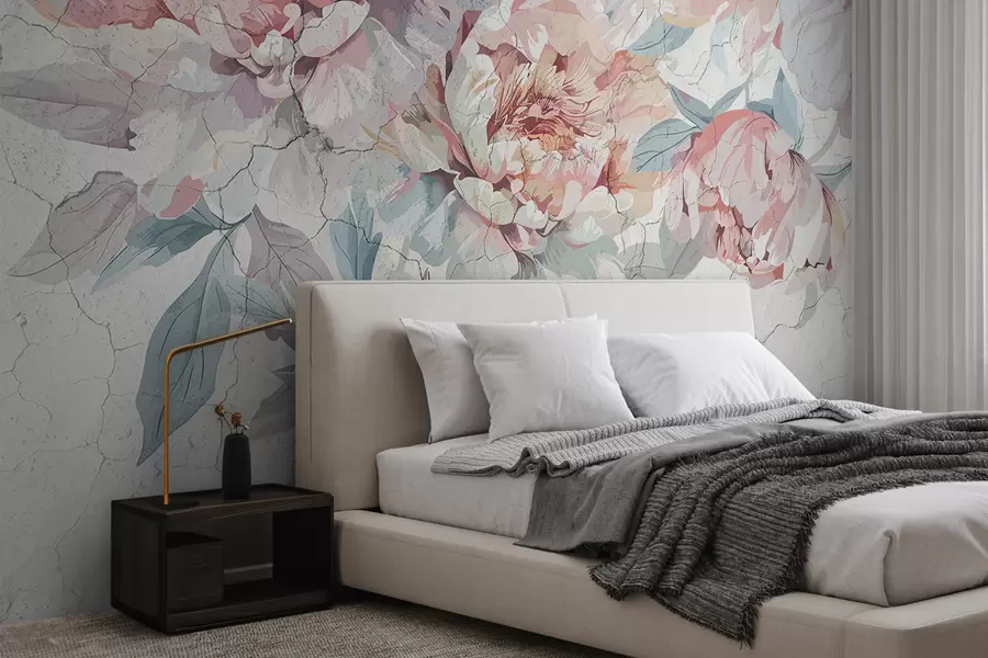 murais de parede Um buquê de flores grandes e suaves de peônia rosa pastel e branca com folhas verdes contra um fundo claro w00896