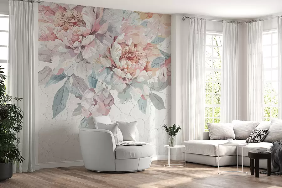 murais de parede Um buquê de flores grandes e suaves de peônia rosa pastel e branca com folhas verdes contra um fundo claro w00896