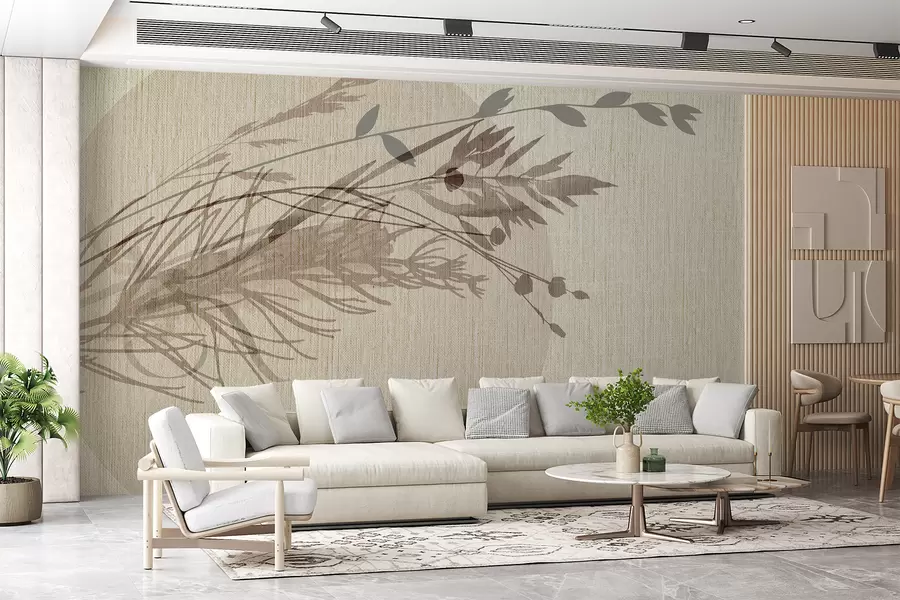 murais de parede Uma ilustração minimalista de uma forma circular com elementos abstratos semelhantes a plantas em tons suaves de terra w00902
