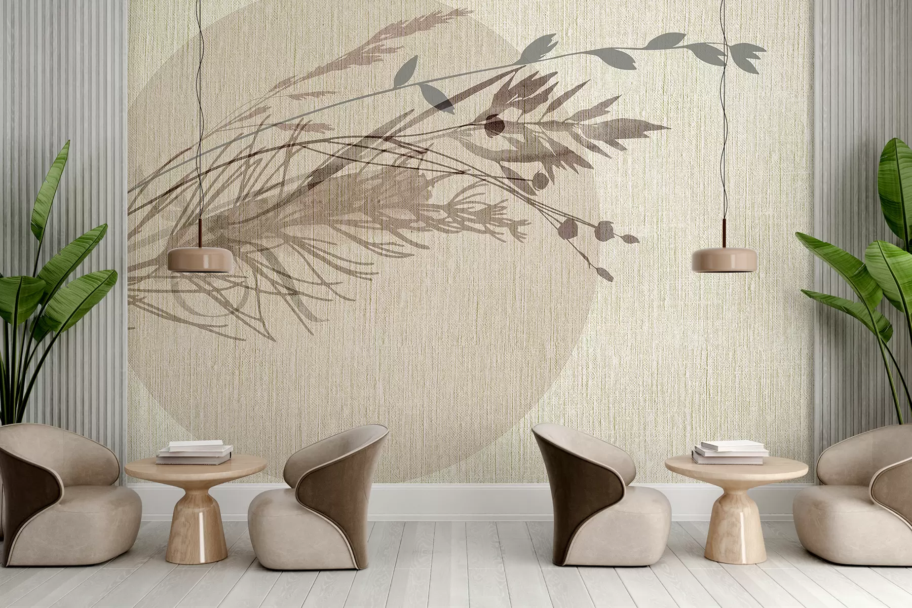 murais de parede Uma ilustração minimalista de uma forma circular com elementos abstratos semelhantes a plantas em tons suaves de terra w00902