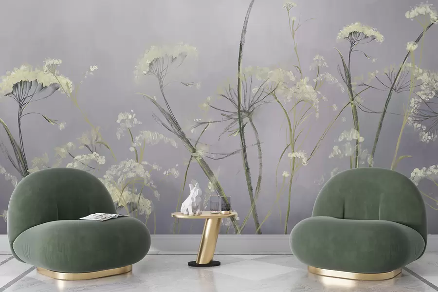 murais de parede Flores silvestres brancas em um campo enevoado com fundo cinza suave e desfocado w00903