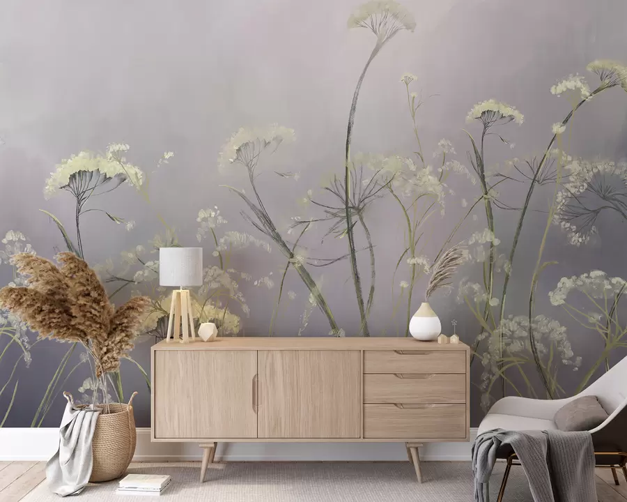 murais de parede Flores silvestres brancas em um campo enevoado com fundo cinza suave e desfocado w00903