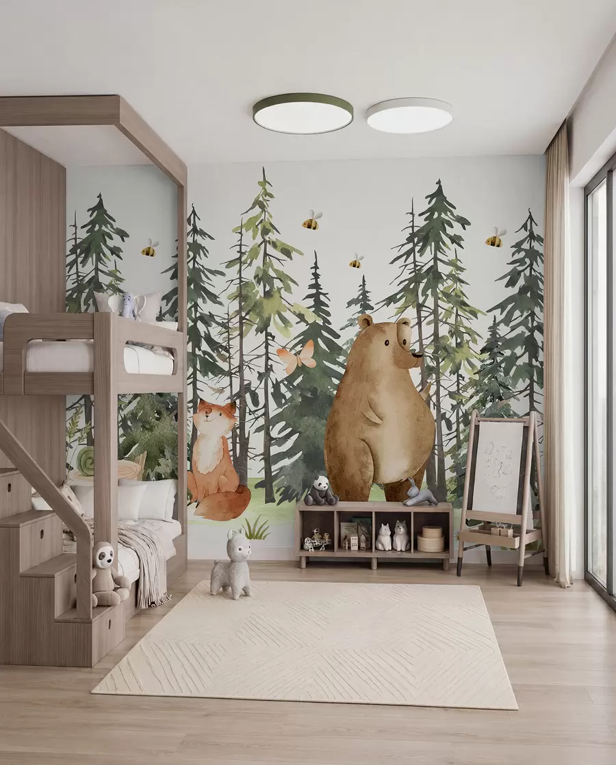 murais de parede Uma cena de floresta com animais e vários pinheiros ao fundo w00905