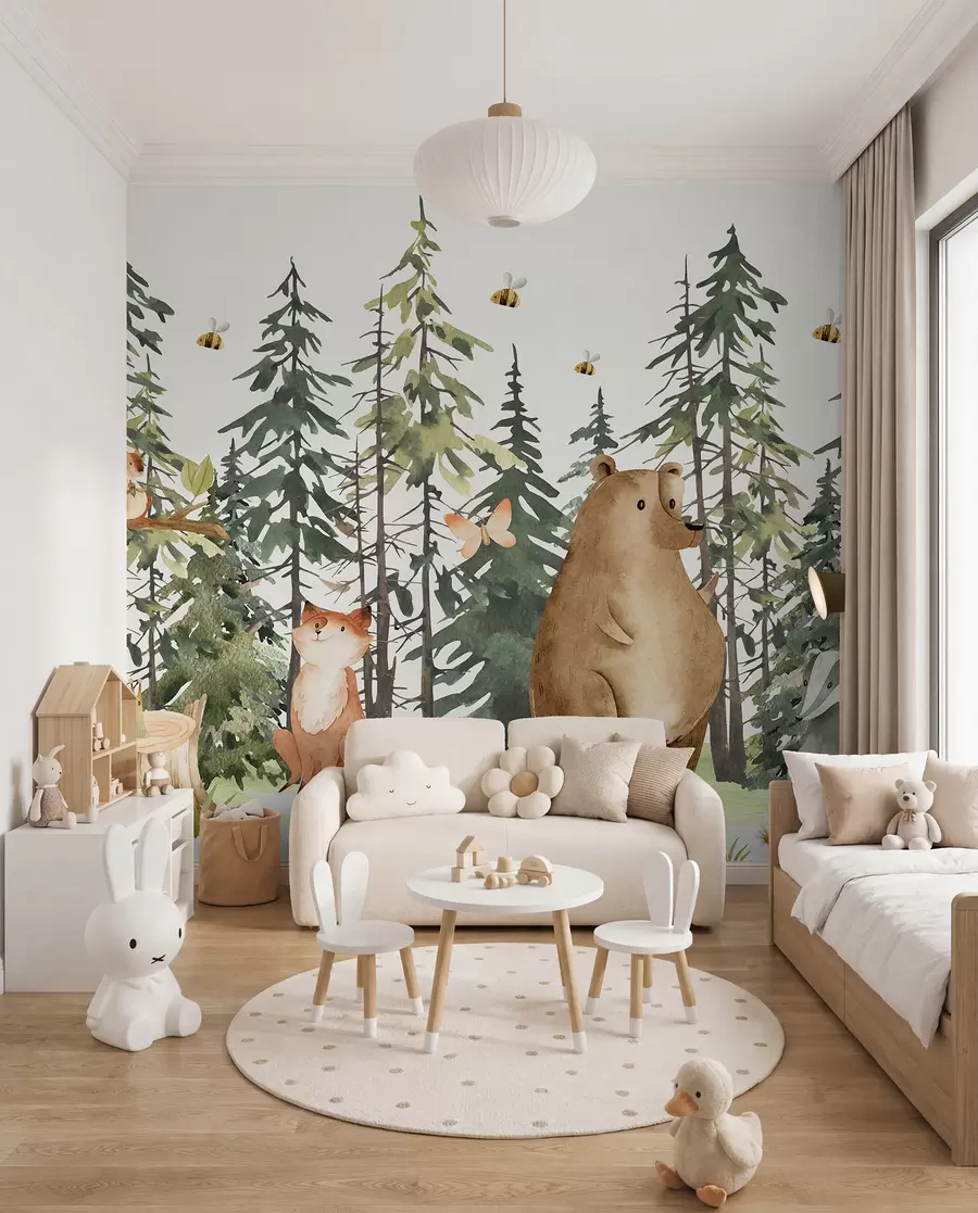 murais de parede Uma cena de floresta com animais e vários pinheiros ao fundo w00905
