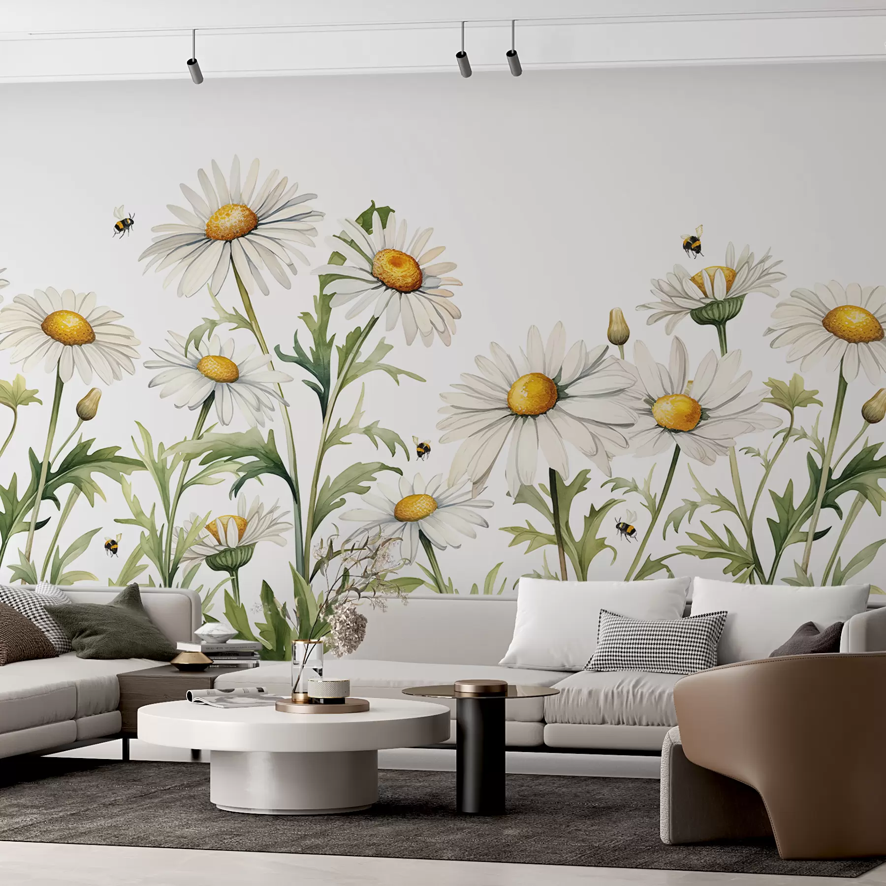 murais de parede Margaridas brancas florescendo, abelhas voando ilustração de planta aquarela, cor verde, branca, amarela w01176