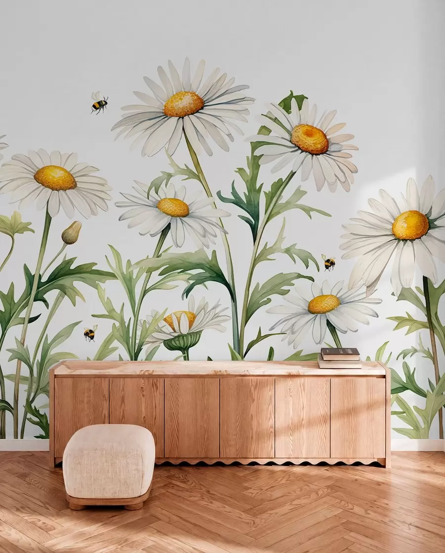 murais de parede Margaridas brancas florescendo, abelhas voando ilustração de planta aquarela, cor verde, branca, amarela w01176
