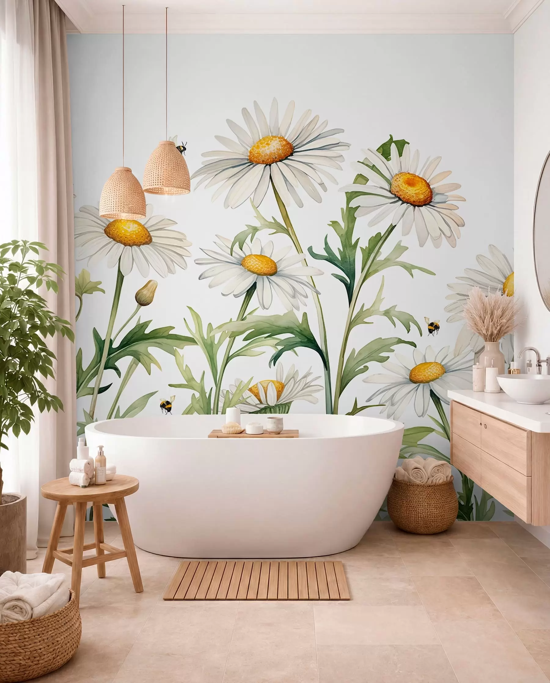 murais de parede Margaridas brancas florescendo, abelhas voando ilustração de planta aquarela, cor verde, branca, amarela w01176