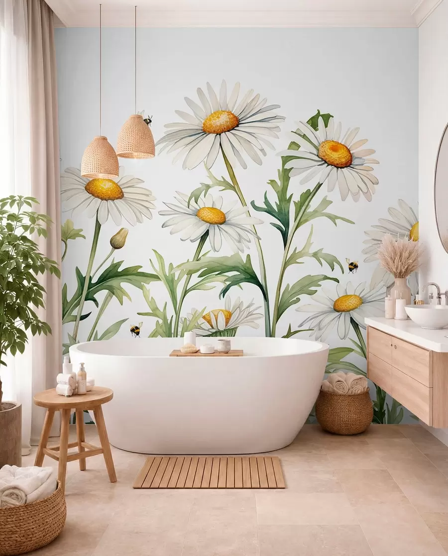 murais de parede Margaridas brancas florescendo, abelhas voando ilustração de planta aquarela, cor verde, branca, amarela w01176