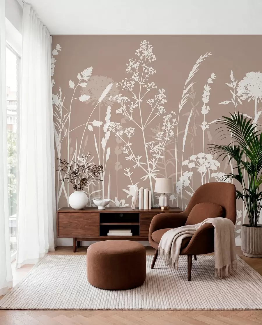 murais de parede Silhuetas florais sobre taupe w01270v3