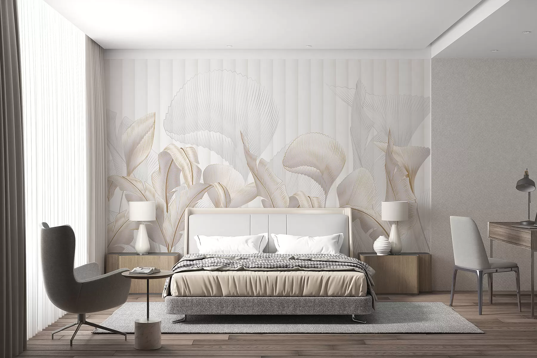 murais de parede Um grande plano de folhas tropicais num fundo branco, com um fundo texturado w01237