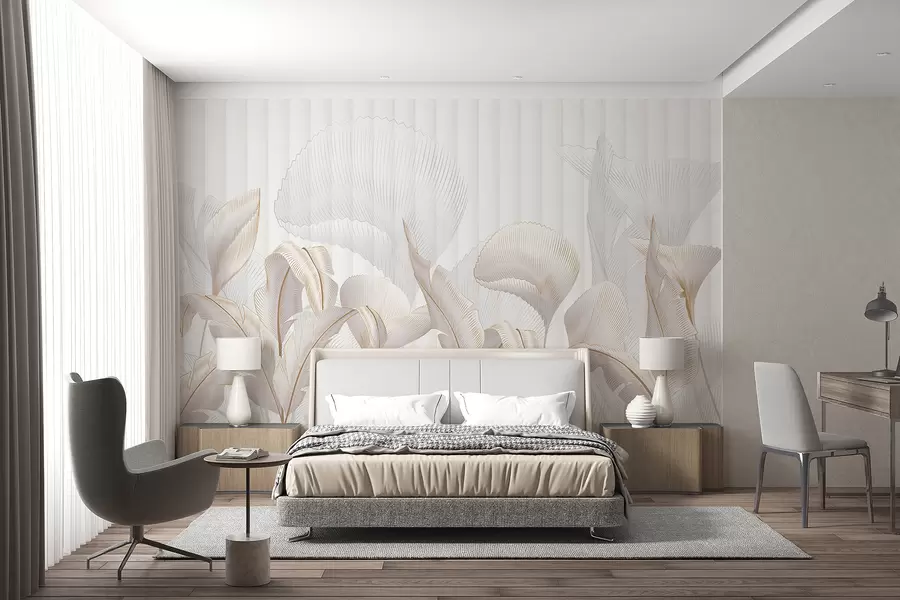murais de parede Um grande plano de folhas tropicais num fundo branco, com um fundo texturado w01237