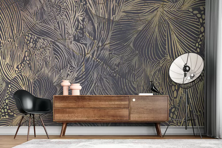 murais de parede Estampado abstrato de luxo texturizado com formas e linhas orgânicas sobrepostas w01243