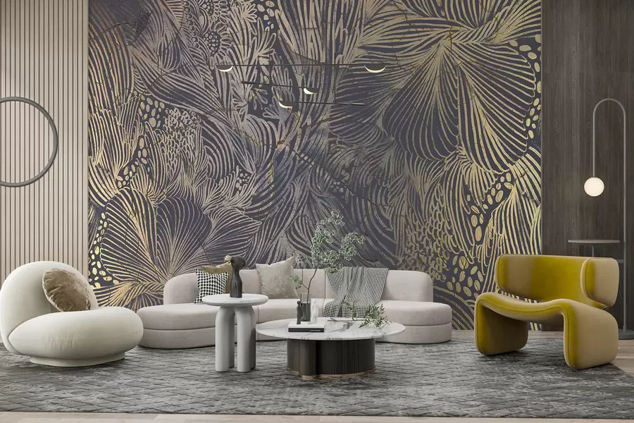 murais de parede Estampado abstrato de luxo texturizado com formas e linhas orgânicas sobrepostas w01243