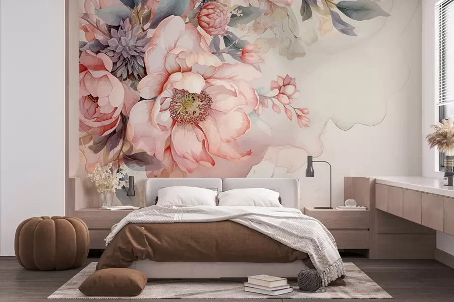 murais de parede Peônias rosa aquarela com pétalas delicadas, rodeadas por exuberante vegetação pastel e outras flores  w01245