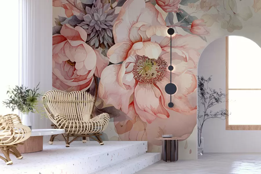 murais de parede Peônias rosa aquarela com pétalas delicadas, rodeadas por exuberante vegetação pastel e outras flores  w01245