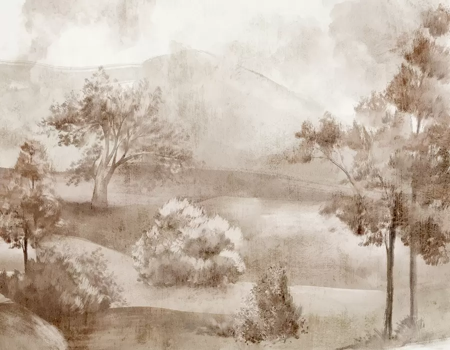 murais de parede Pintura de paisagem de uma cena rural enevoada cercada por árvores exuberantes e folhagens em tons de marrom w01247