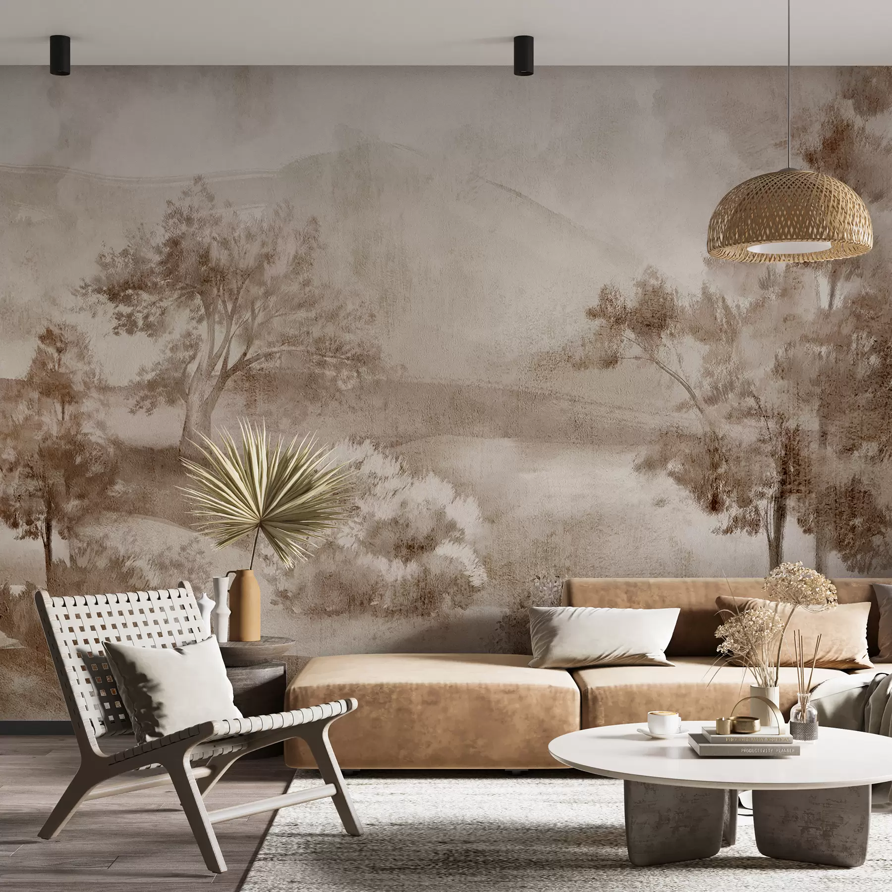 murais de parede Pintura de paisagem de uma cena rural enevoada cercada por árvores exuberantes e folhagens em tons de marrom w01247