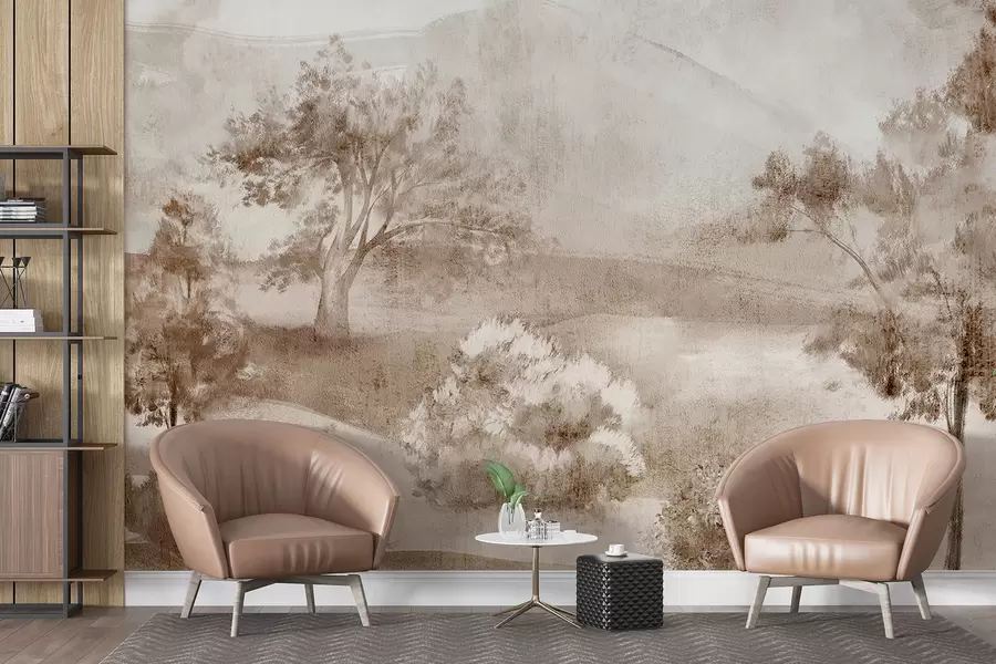 murais de parede Pintura de paisagem de uma cena rural enevoada cercada por árvores exuberantes e folhagens em tons de marrom w01247