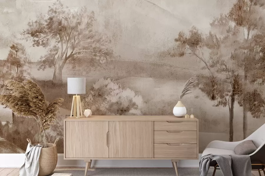 murais de parede Pintura de paisagem de uma cena rural enevoada cercada por árvores exuberantes e folhagens em tons de marrom w01247