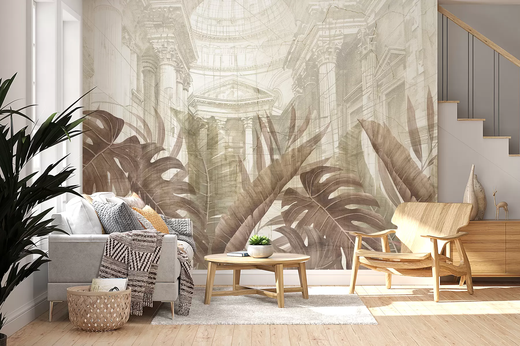 murais de parede Um grande desenho de colunas arquitetônicas de mármore ornamentadas e exuberantes plantas tropicais em sépia  w01311v1