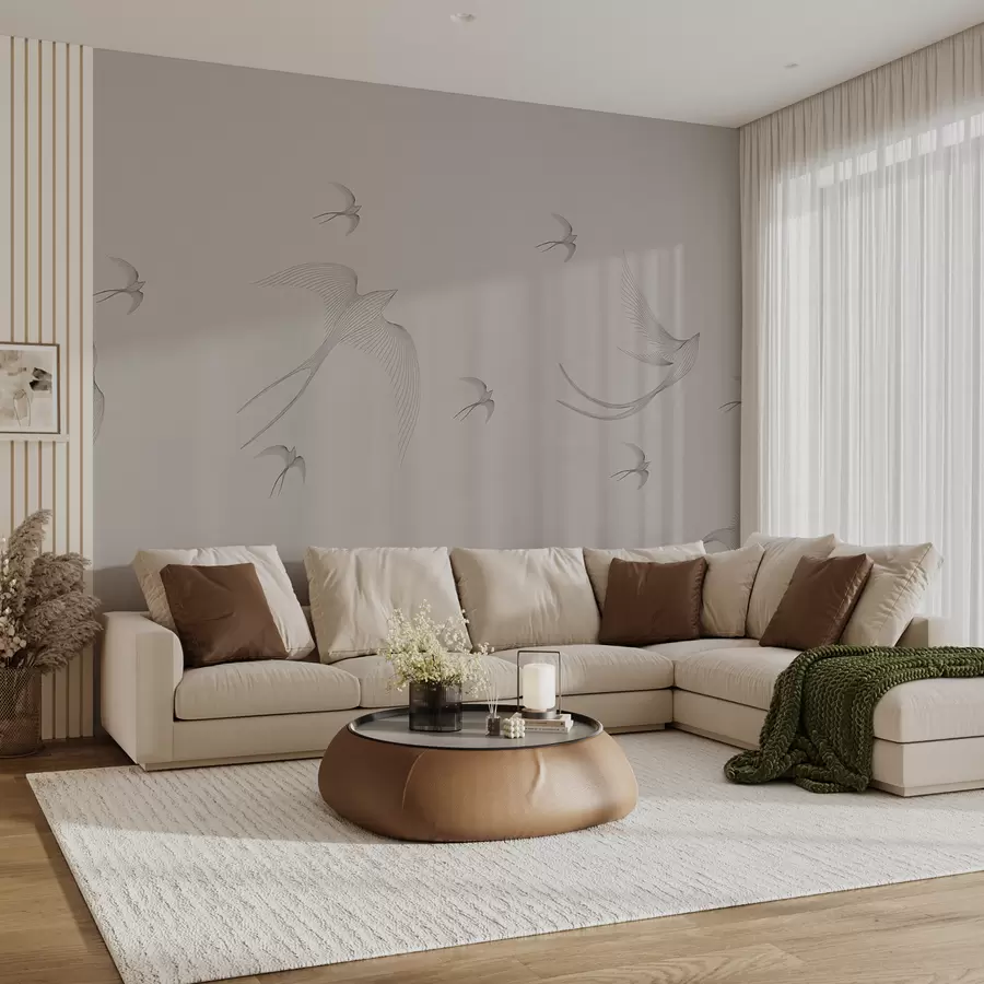 murais de parede Andorinhas lineares em um fundo cinza-rosa w01264v2