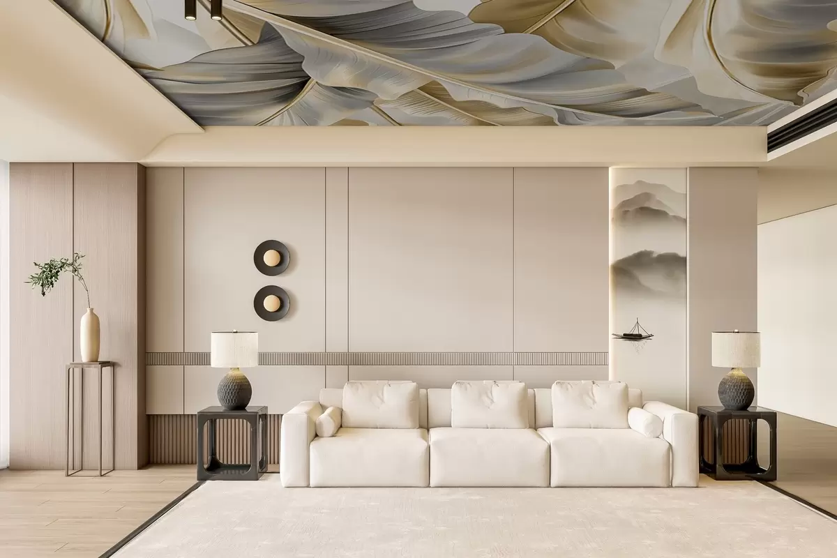 murais de parede luxuosas folhas grandes de bananeira em tons de bege acinzentado w07876