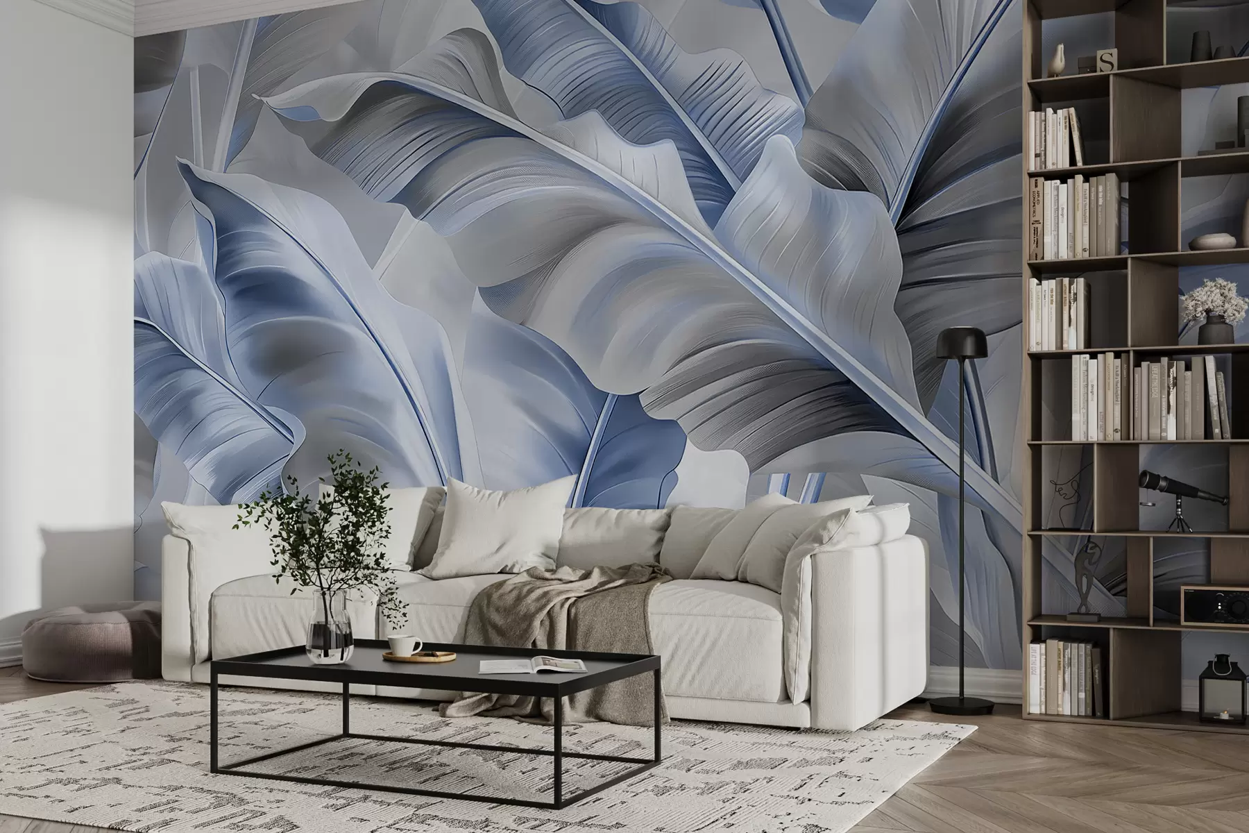 murais de parede luxuosas folhas grandes de bananeira em cores cinza-azuladas w07876v1