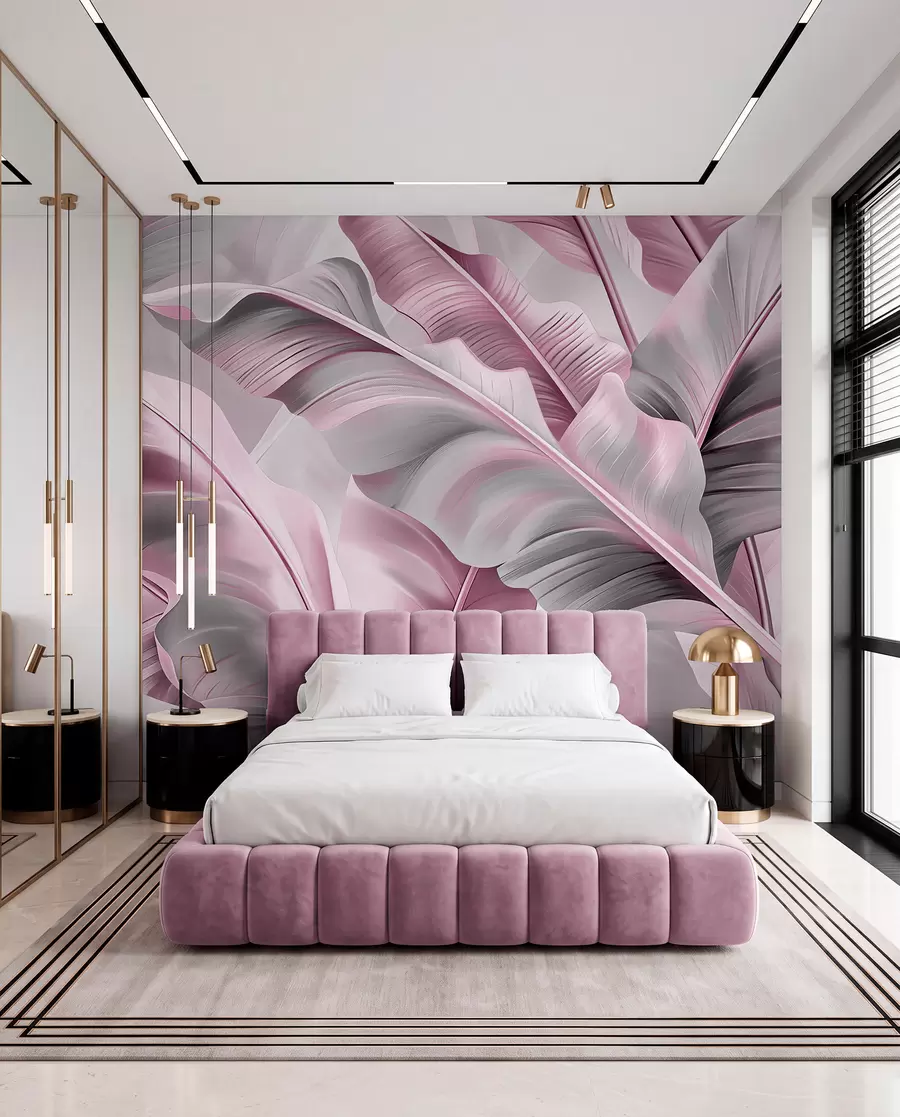 murais de parede luxuosas folhas grandes de bananeira em tons de cinza rosado w07876v2