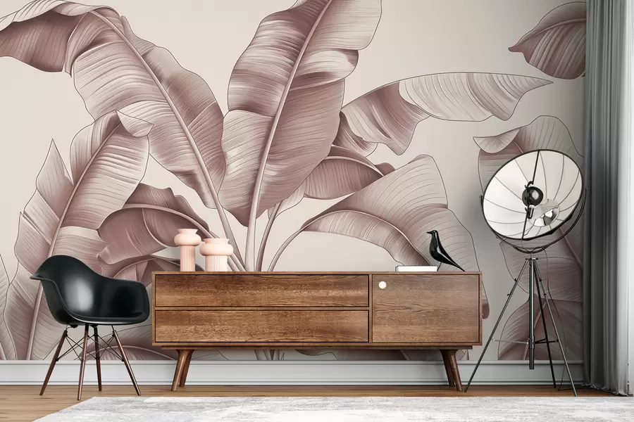 murais de parede desenhado grandes folhas de bananeira em rosa pastel w07877v1