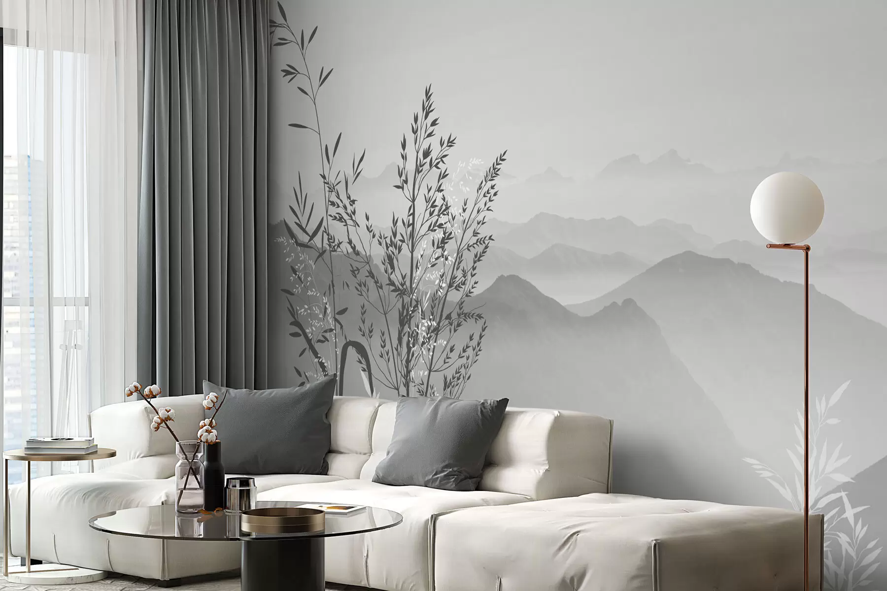 murais de parede Vista para a montanha com plantas e flores de cor cinza w07910v3