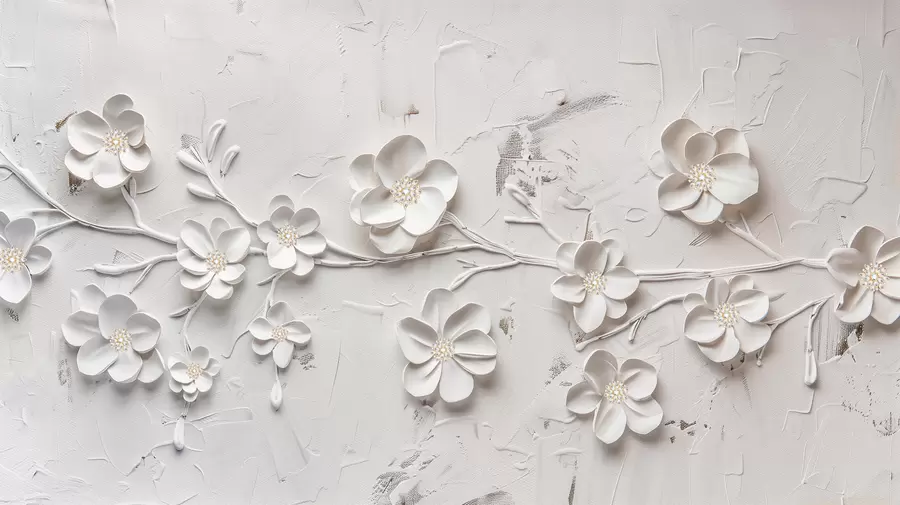 murais de parede Fundo texturizado branco com flores brancas 3D em plena floração, conectadas por galhos, minimalistas e elegantes w01226