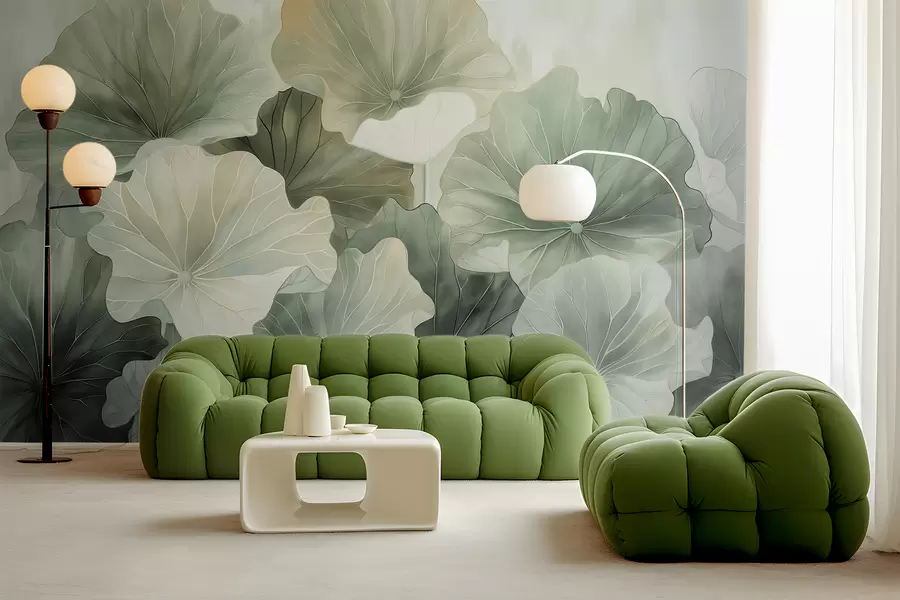 murais de parede Grandes folhas de lótus são pintadas com aquarelas w07938v1