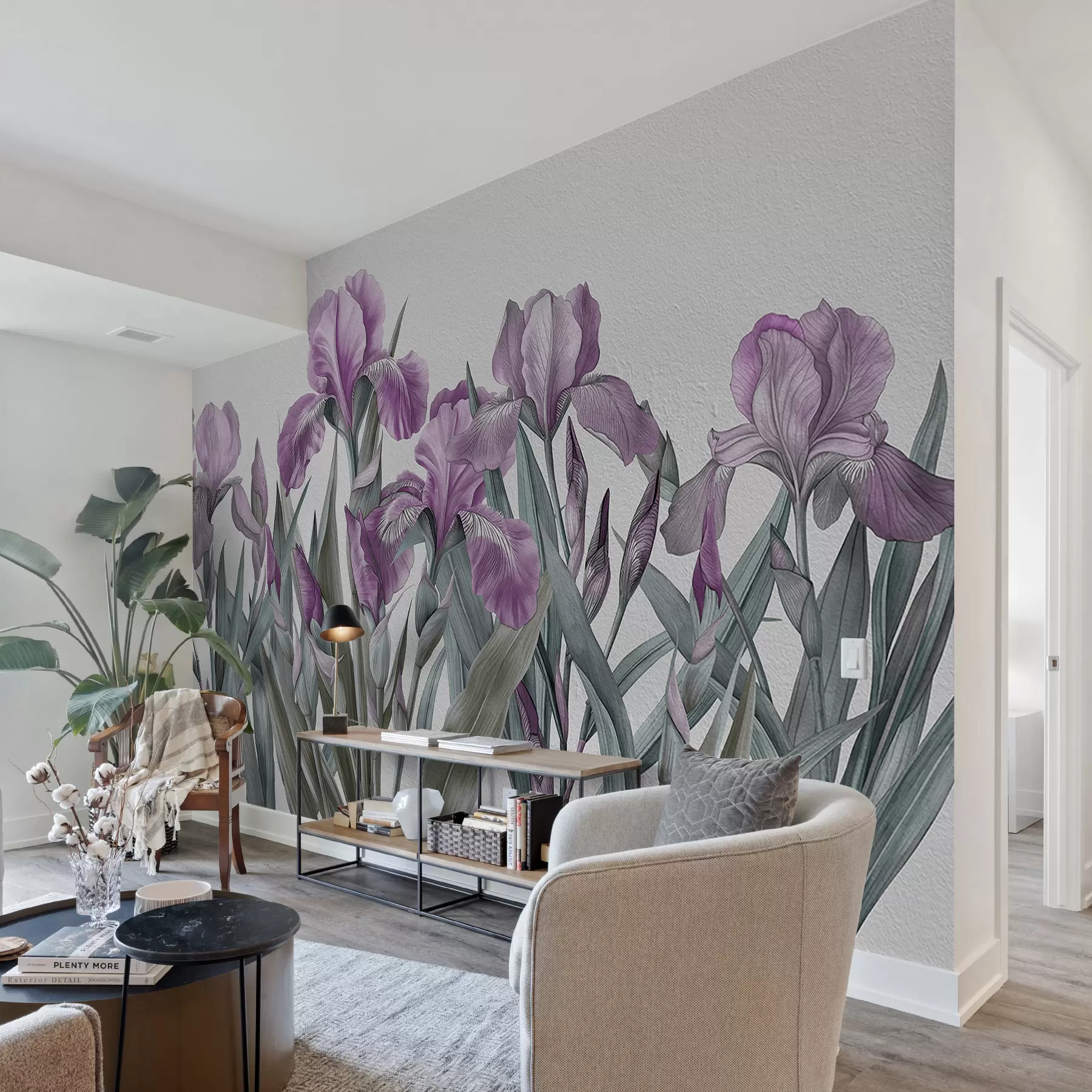 murais de parede Grandes íris cor-de-rosa pintadas em um muro de concreto branco w07949v1