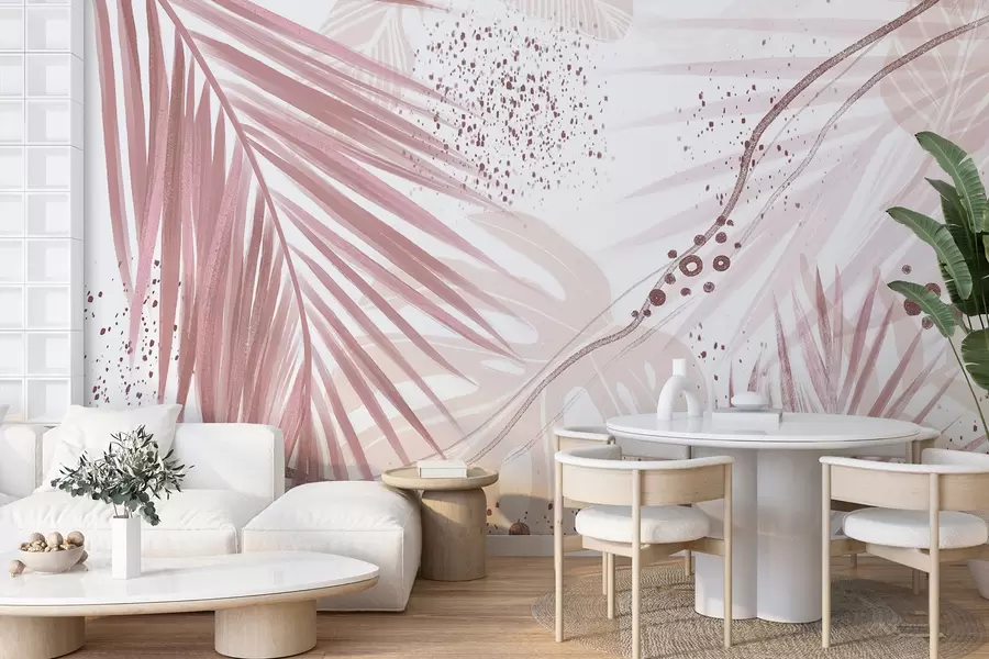 murais de parede Folhas e folhas de palmeira rosa tropical, com formas abstratas e respingos em tons de rosa e branco w07918v1