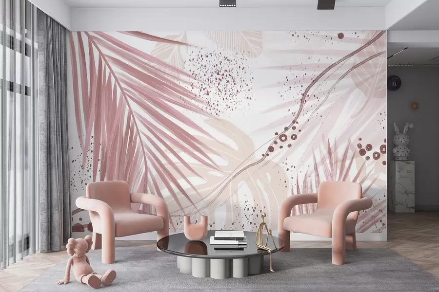 murais de parede Folhas e folhas de palmeira rosa tropical, com formas abstratas e respingos em tons de rosa e branco w07918v1