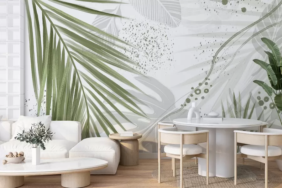murais de parede Folhas e folhas de palmeira verde tropical, com formas abstratas e respingos em tons de verde e branco w07918