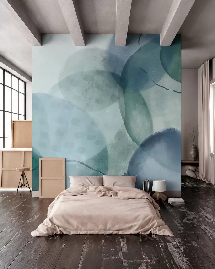 murais de parede Formas suaves e abstratas em aquarela em tons de azul, verde e branco w07926