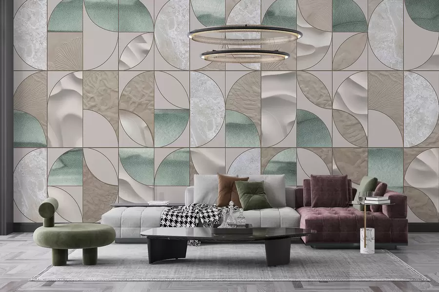 murais de parede Um padrão geométrico de texturas verdes, bege e brancas dispostas em um design abstrato repetido w07928